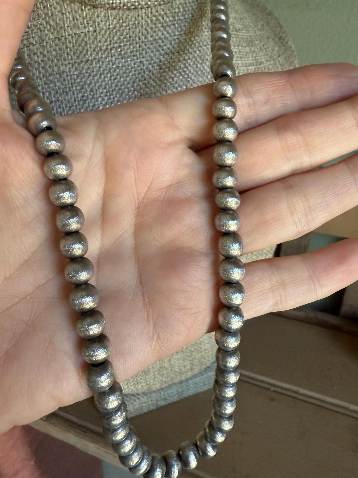 Vintage Sterling Silver Mexican Pearl Brushed Sterling Silver Bead Necklace