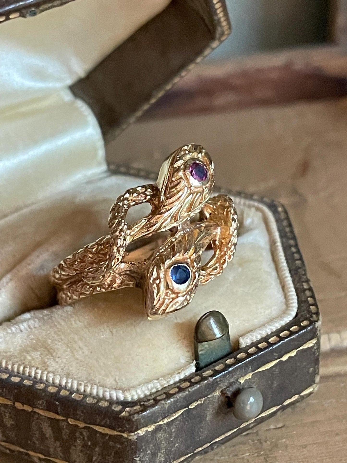 14k Yellow Gold Double Snake Ring with Sapphire and Ruby Set Heads