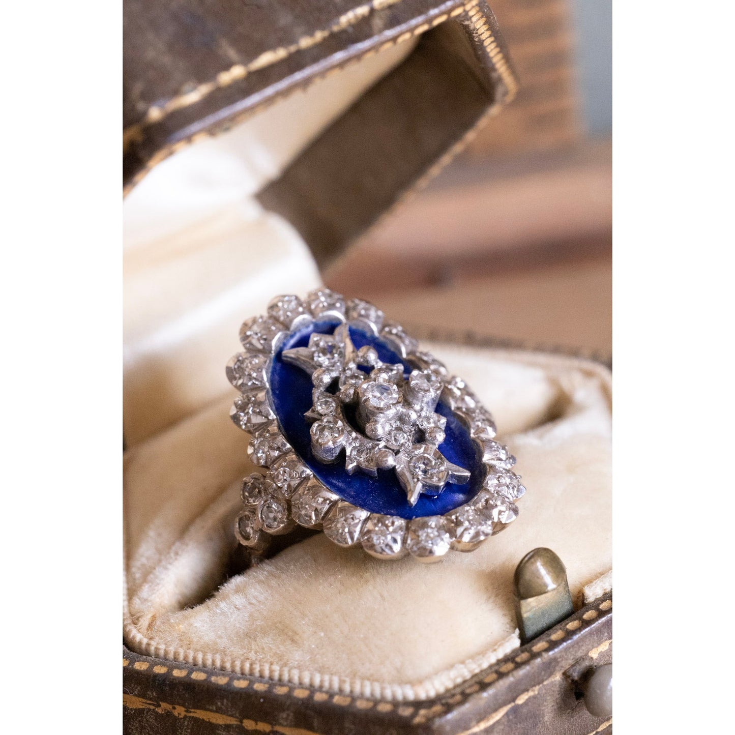 A Georgian Revival 18K English Blue Enamel and Natural Diamond Ring