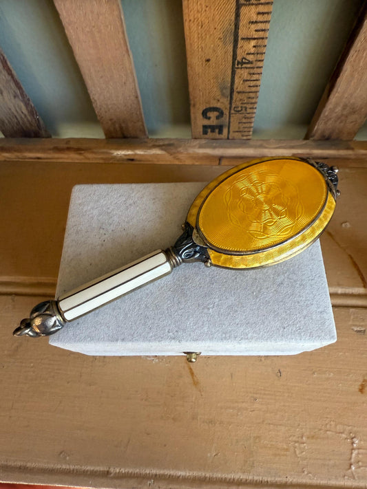 c1920 Pristine Austro Made Enameled Hand Mirror Compact Sterling Silver