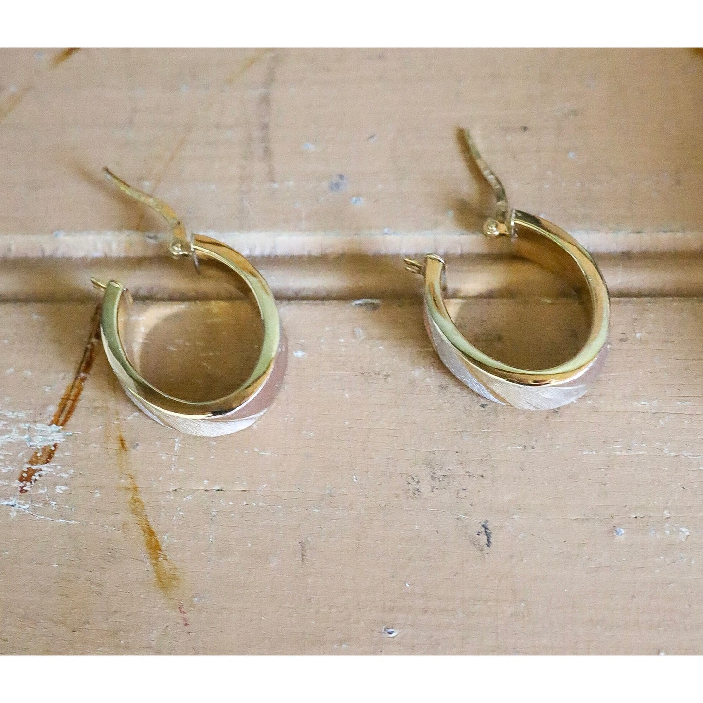 c1980 10K Italian Rose, White and Yellow Gold Textured Finish Oval Hoop Earrings