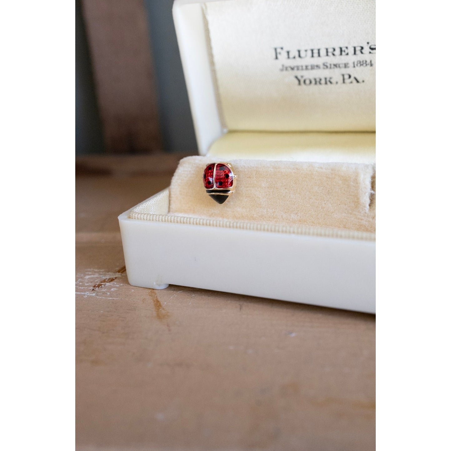 Sweet Single 14K Yellow Gold Enamel Ladybug Earring