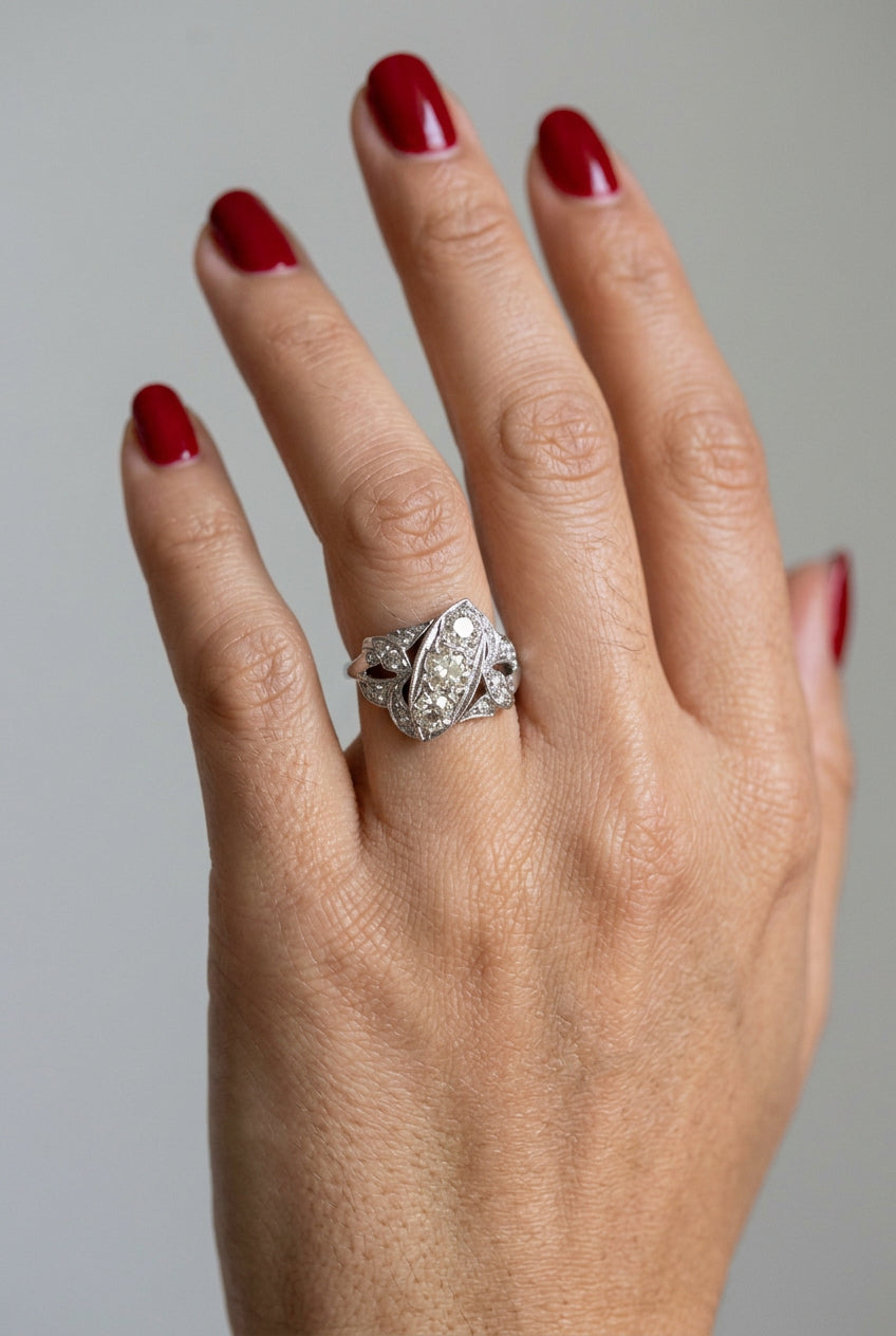 Vintage 14K White Gold Mine Cut and Old European Cut Natural Diamond Ring