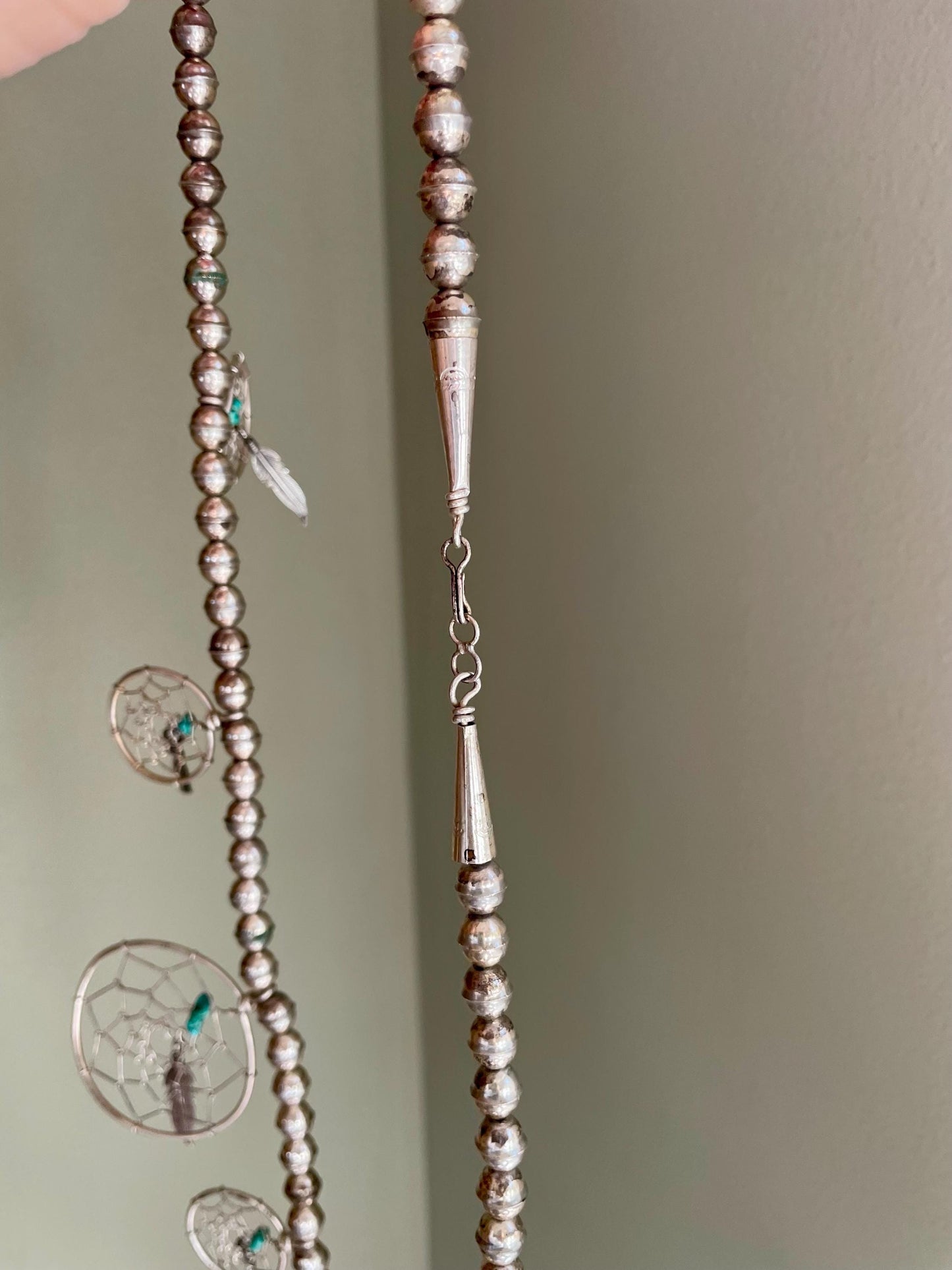 A Vintage Navajo Sterling Silver Handmade Dream Catcher Turquoise Nugget Necklace