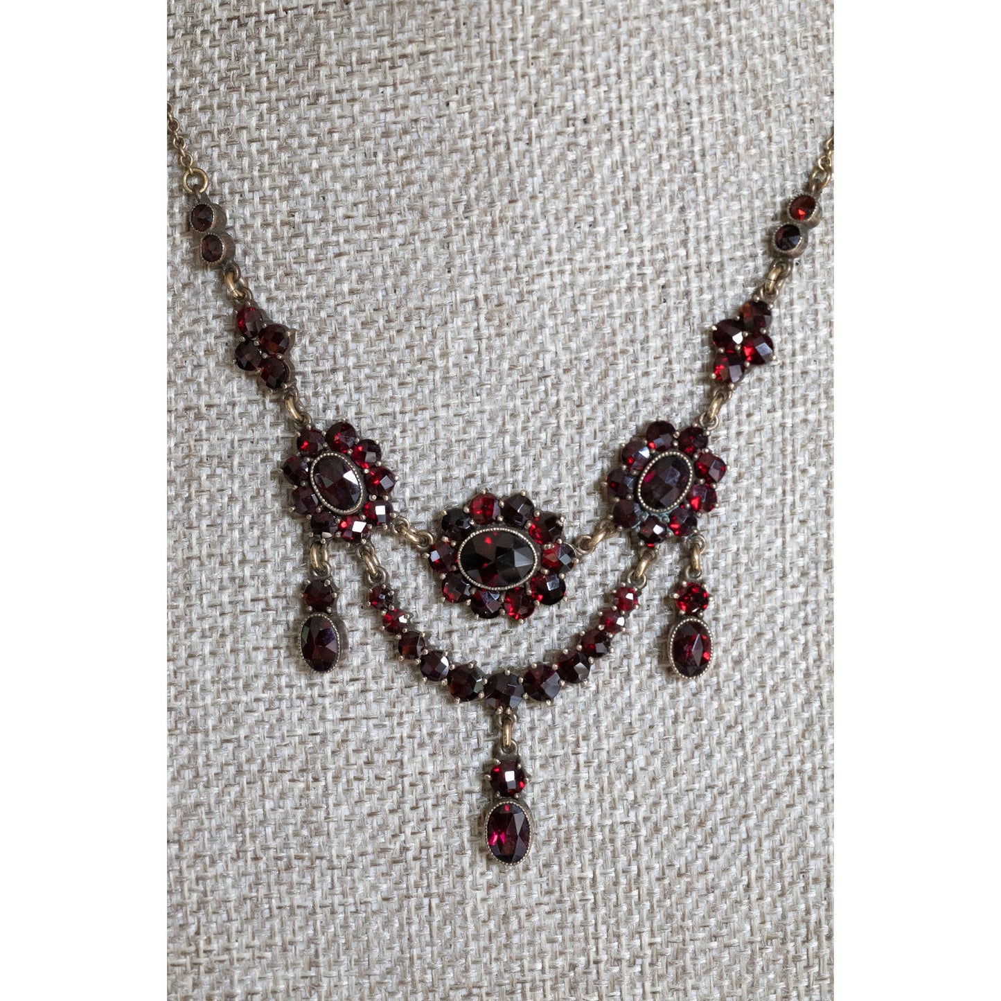 All Original Vintage German Bohemian Cut Garnet Swag Dangle Necklace