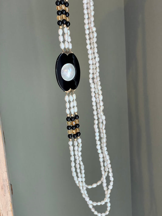 c1990 14K Yellow Gold Onyx, Mabe Pearl & Rice Pearl Multi Strand Necklace