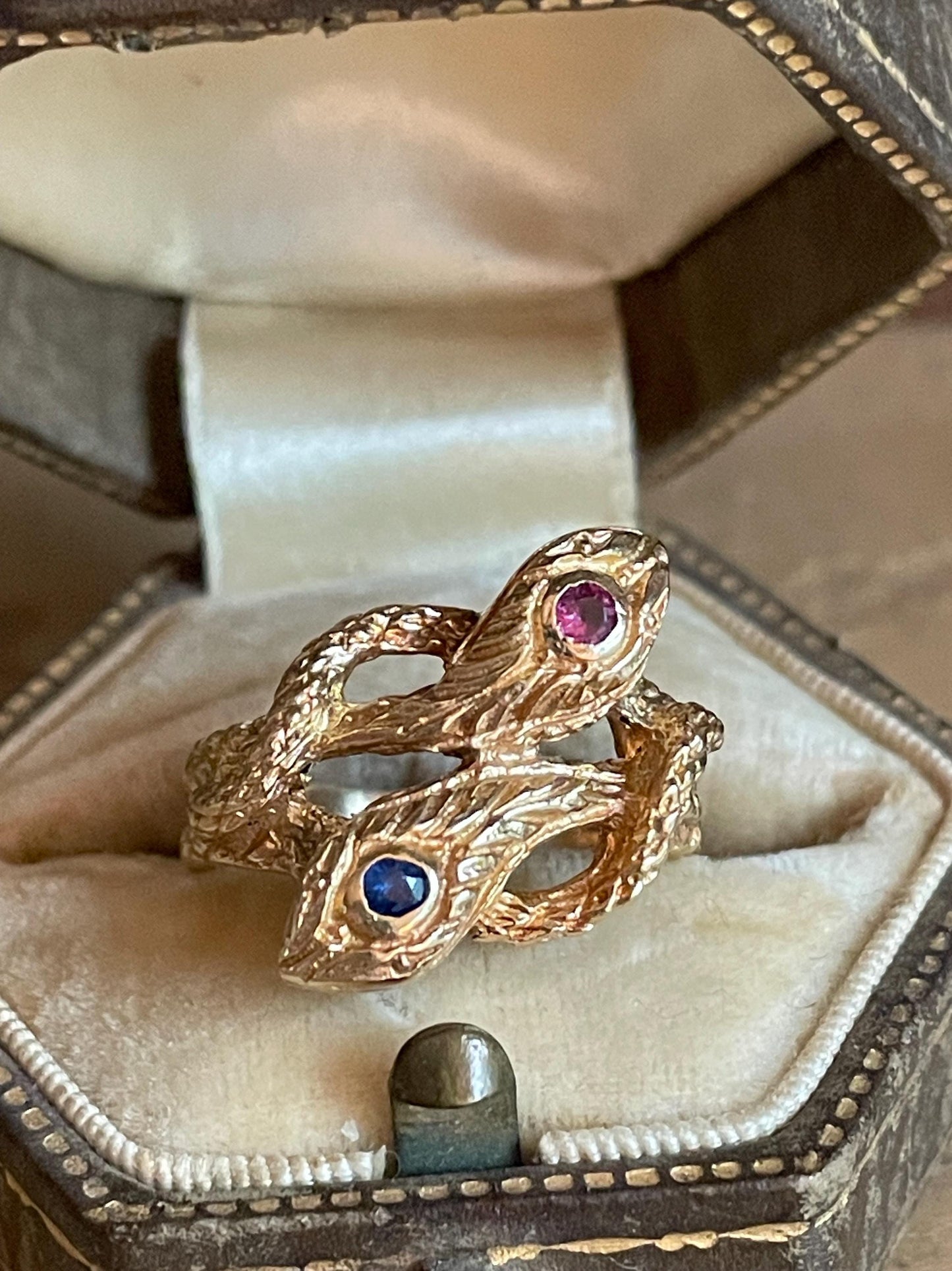 14k Yellow Gold Double Snake Ring with Sapphire and Ruby Set Heads