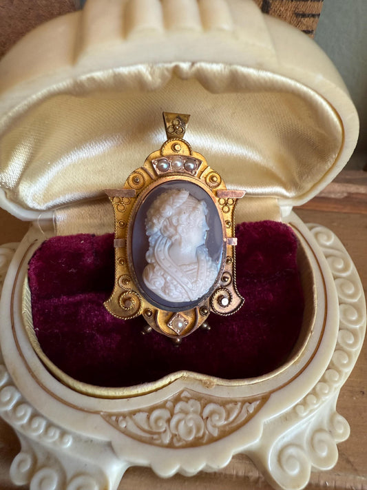 14K Yellow Gold Carved Banded Agate Cameo Pendant Brooch with Natural Seed Pearl Accents