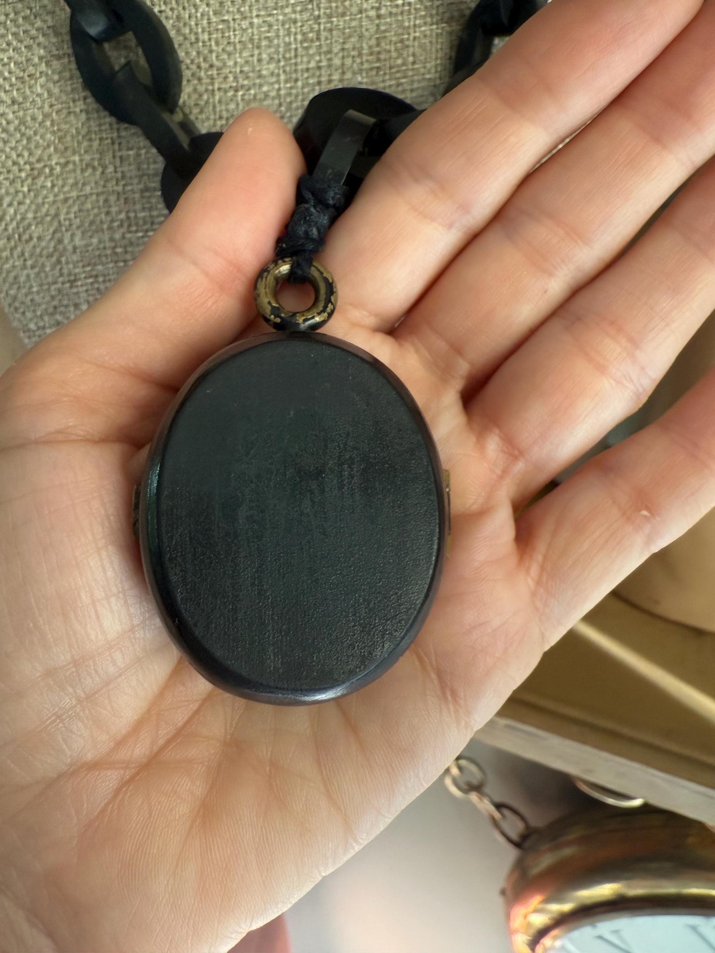 Antique Victorian Hand Carved Whitby Jet Huge Locket on Chain