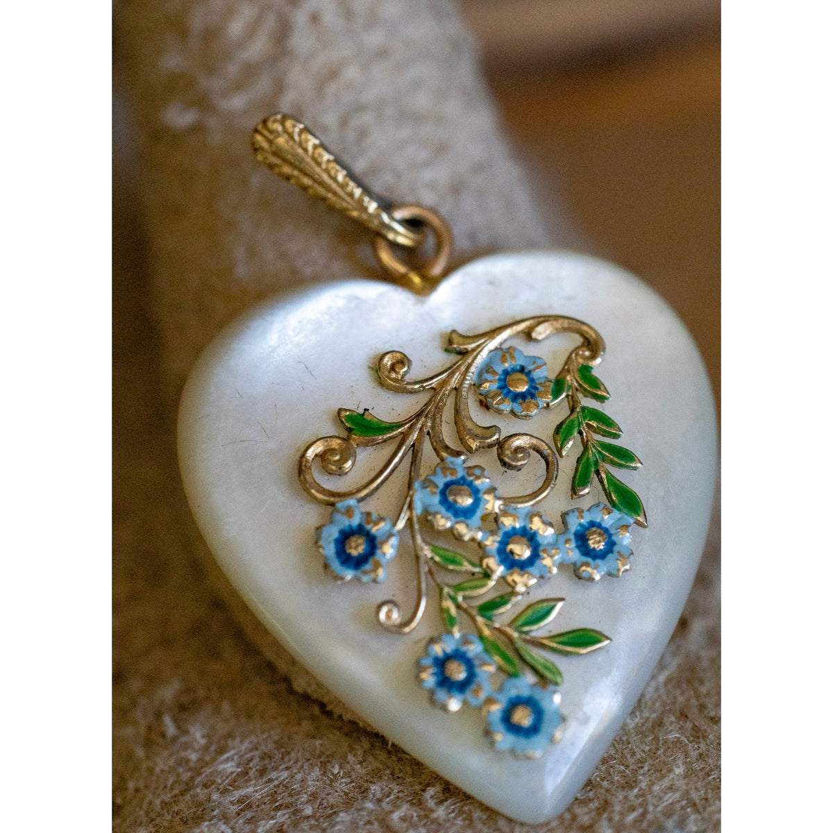 Vintage Mother of Pearl Heart Pendant with Blue Enamel Flowers