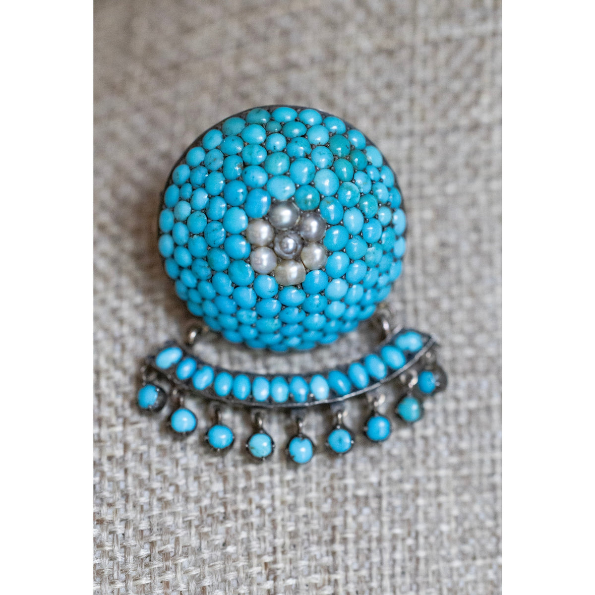 10K Antique Victorian Natural Turquoise and Seed Pearl Dangle Broch
