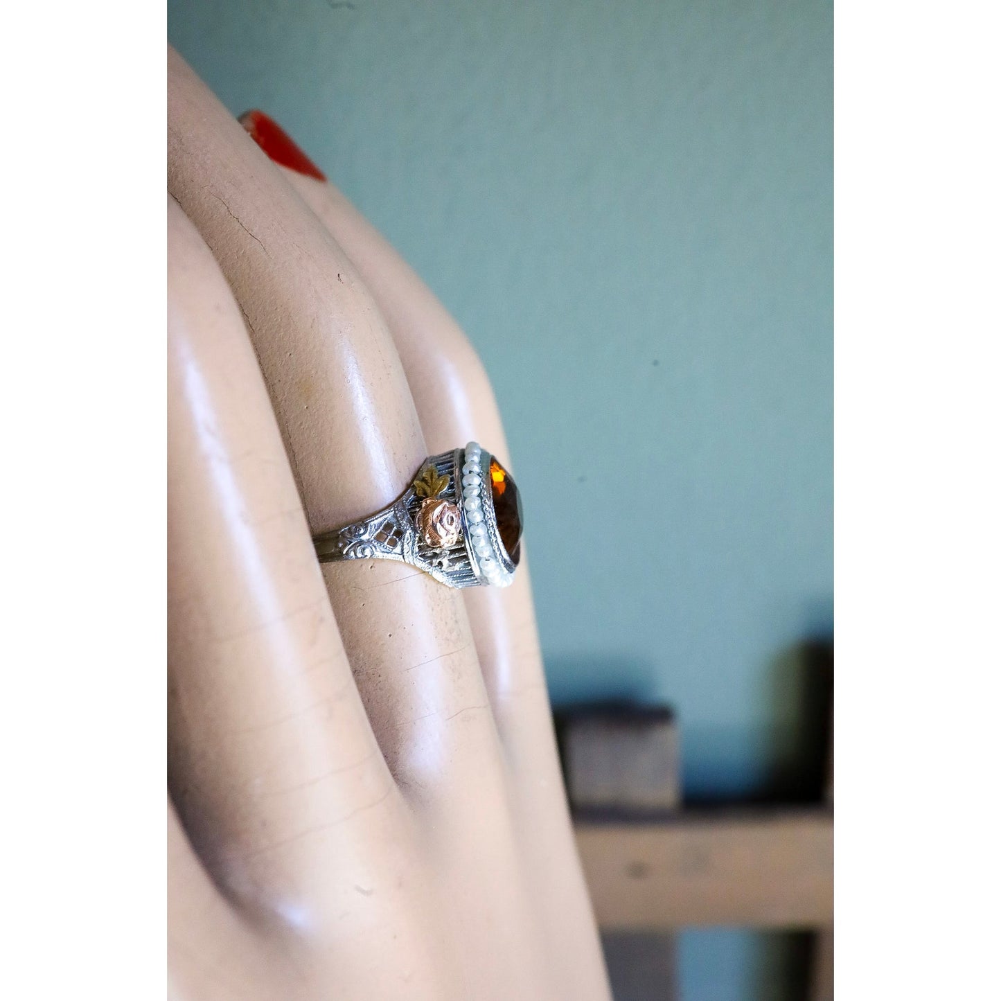 c1930 Art Deco 14K White, Rose, Green Gold Filigree Maderia Citrine and Seed Pearl Ring