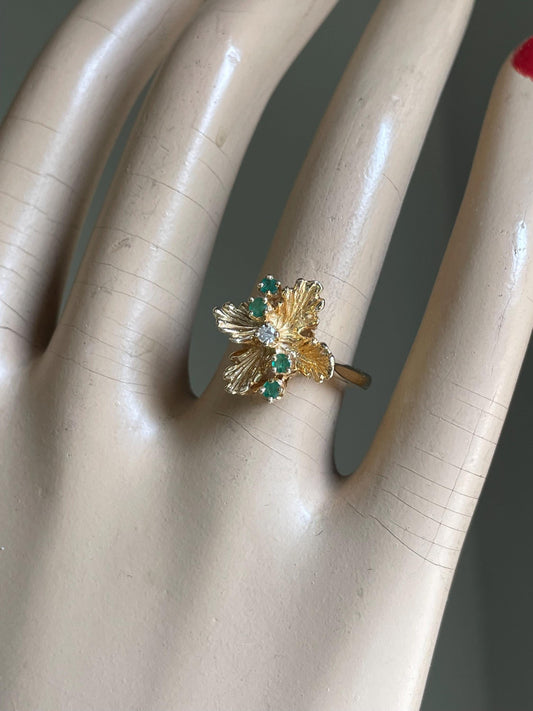 1980's 14K Vintage Textured Flower Emerald and Diamond Ring