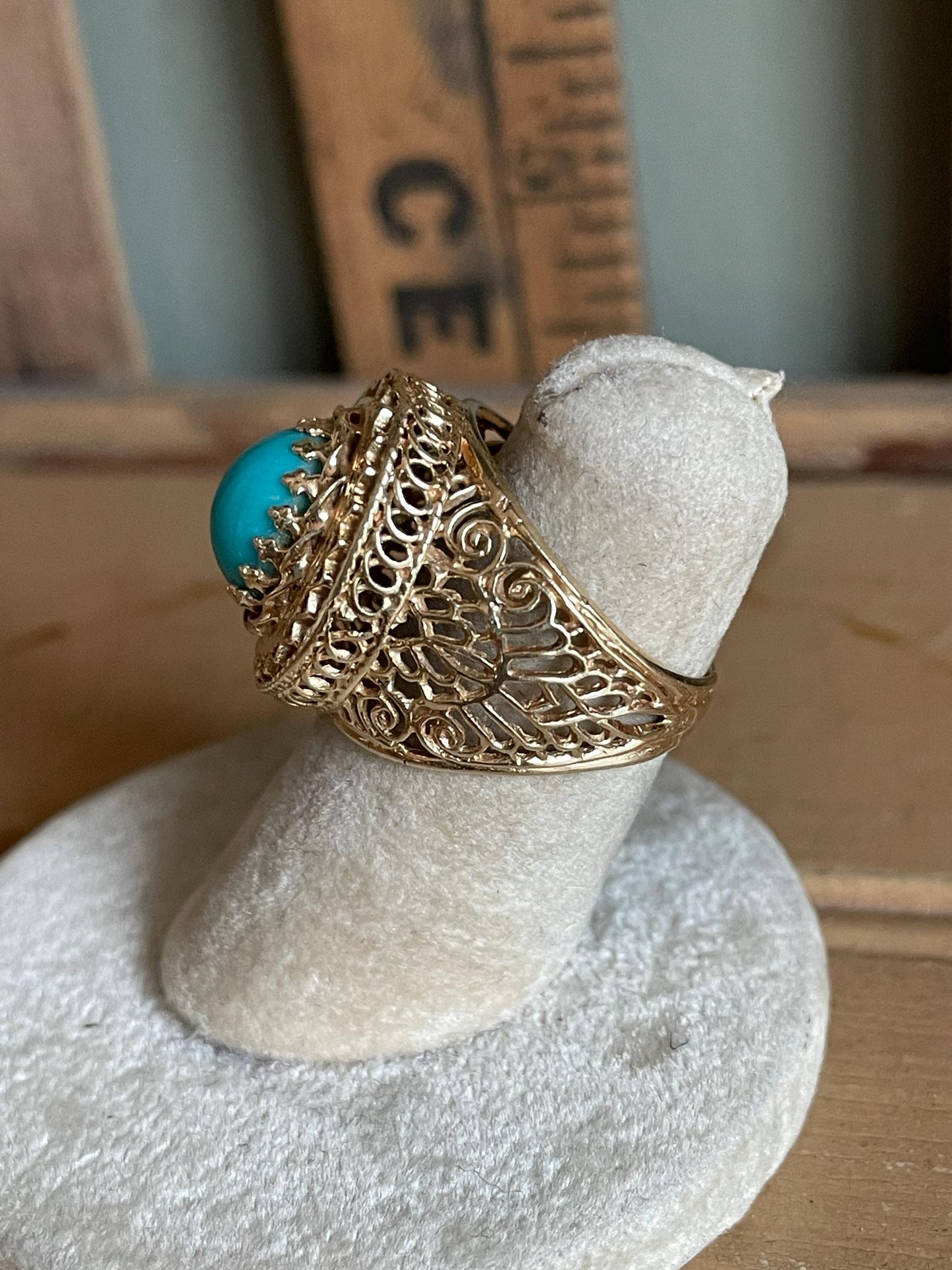 14K Yellow Gold Large Filigree Imitation Turquoise Ring