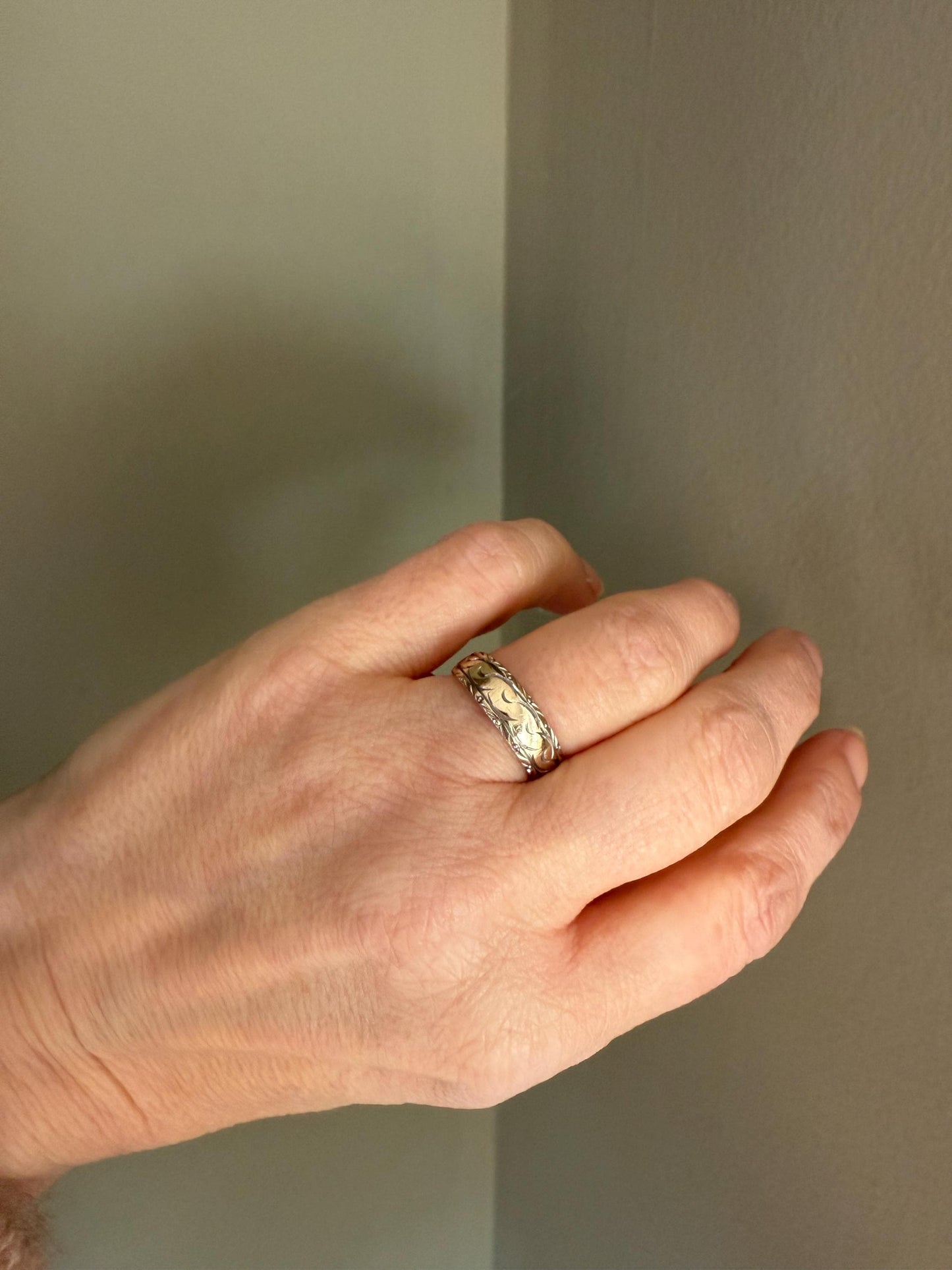 A Rare Matching Mid Century Bi Color 14K Engraved Wedding Bands