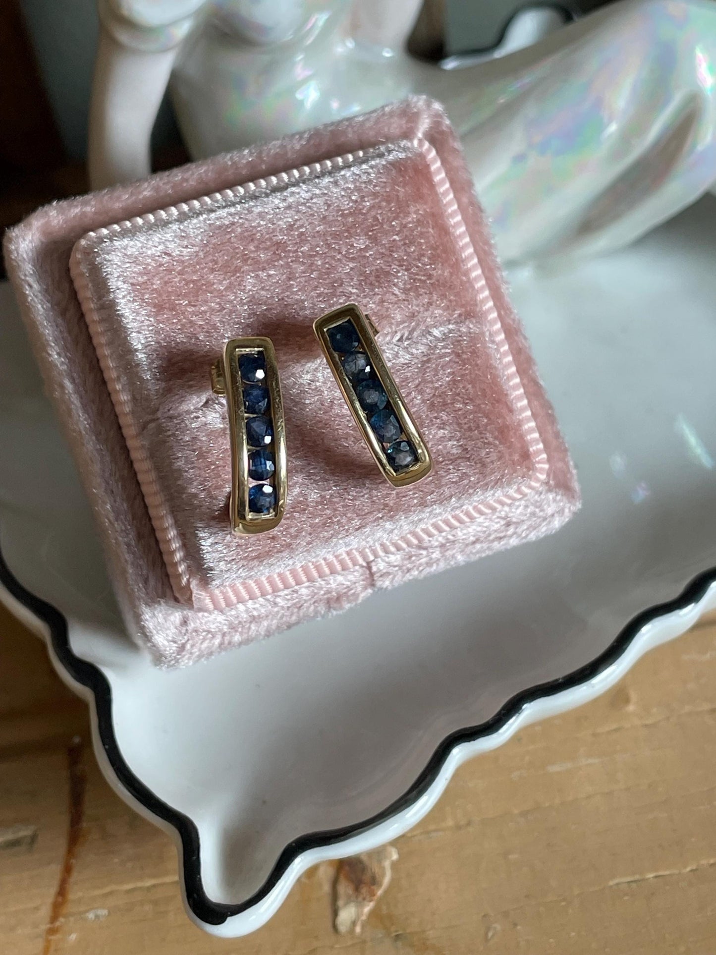 Vintage 14K Yellow Gold Channel Set Round Cut Sapphires in Half Hoops Earrings