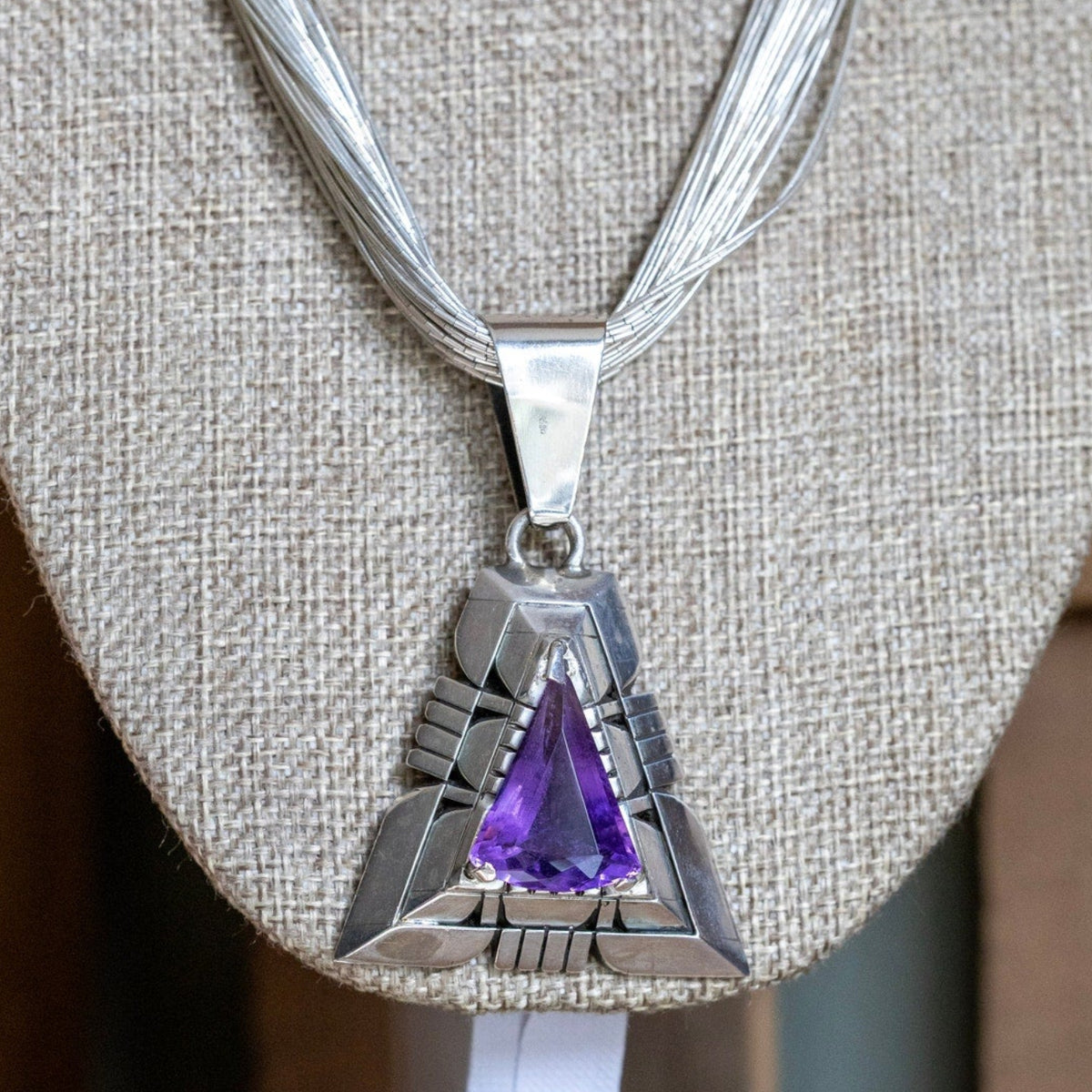 A Bold Sterling Silver Liquid Strand Necklace with Sterling Silver Amethyst Pendant