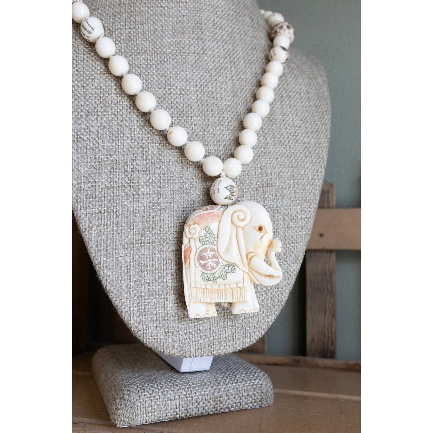 Carved Good Luck Chinese Elephant Necklace Hand Painted