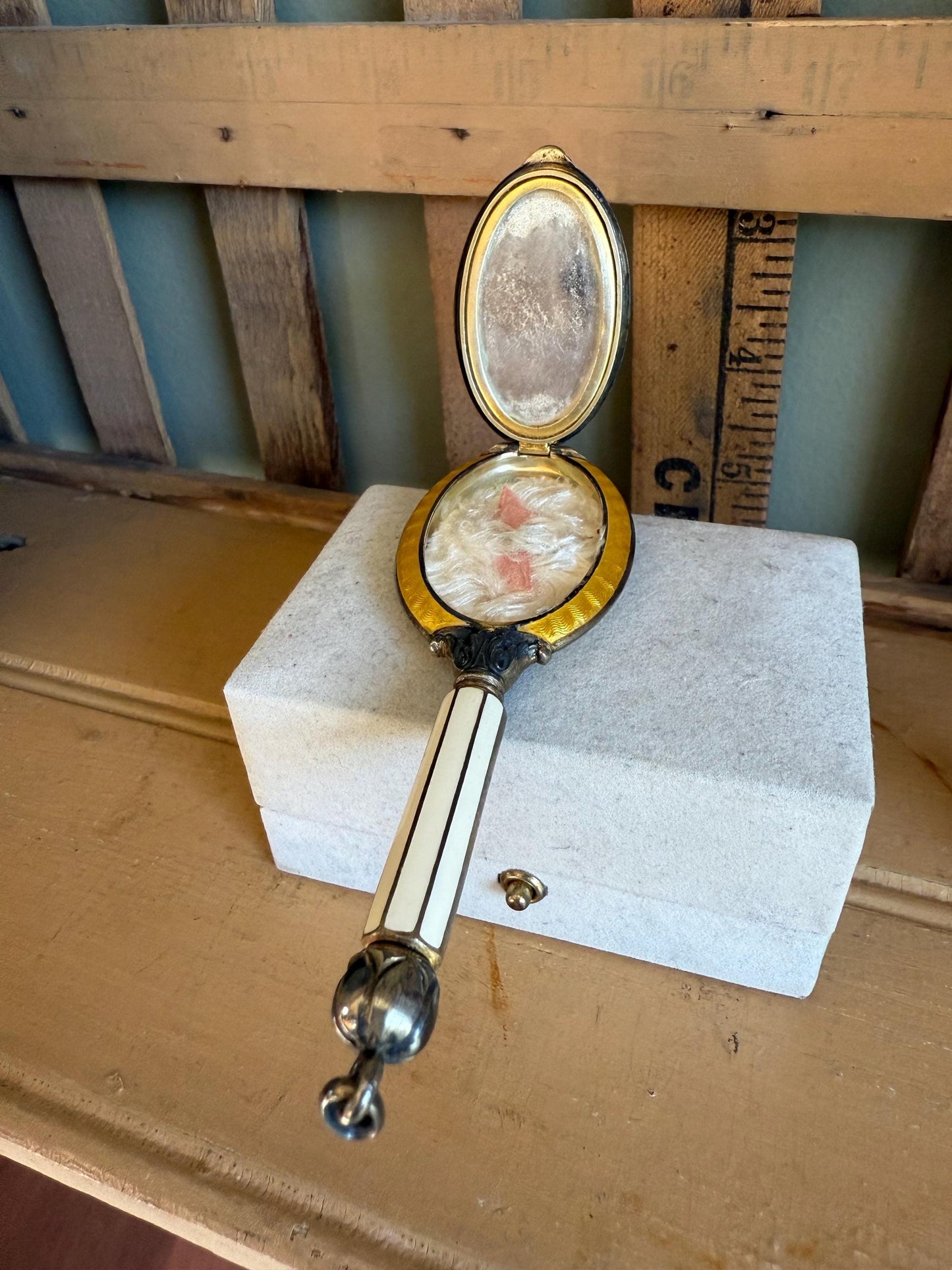 c1920 Pristine Austro Made Enameled Hand Mirror Compact Sterling Silver