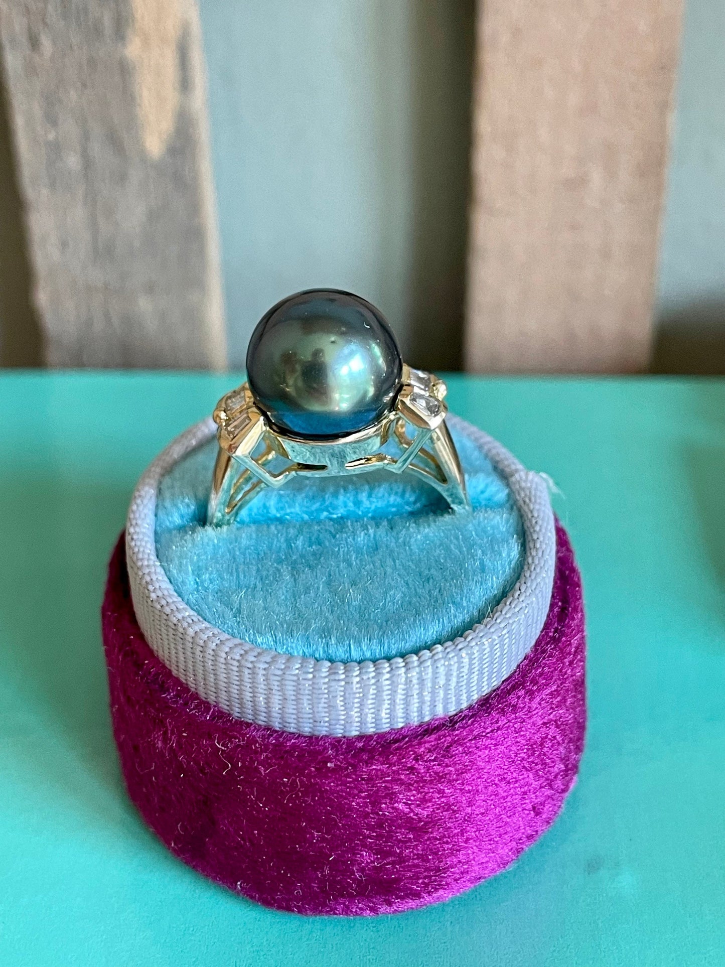 14K Yellow Gold 11mm Tahitian Pearl & Baguette Cut Diamond Ring