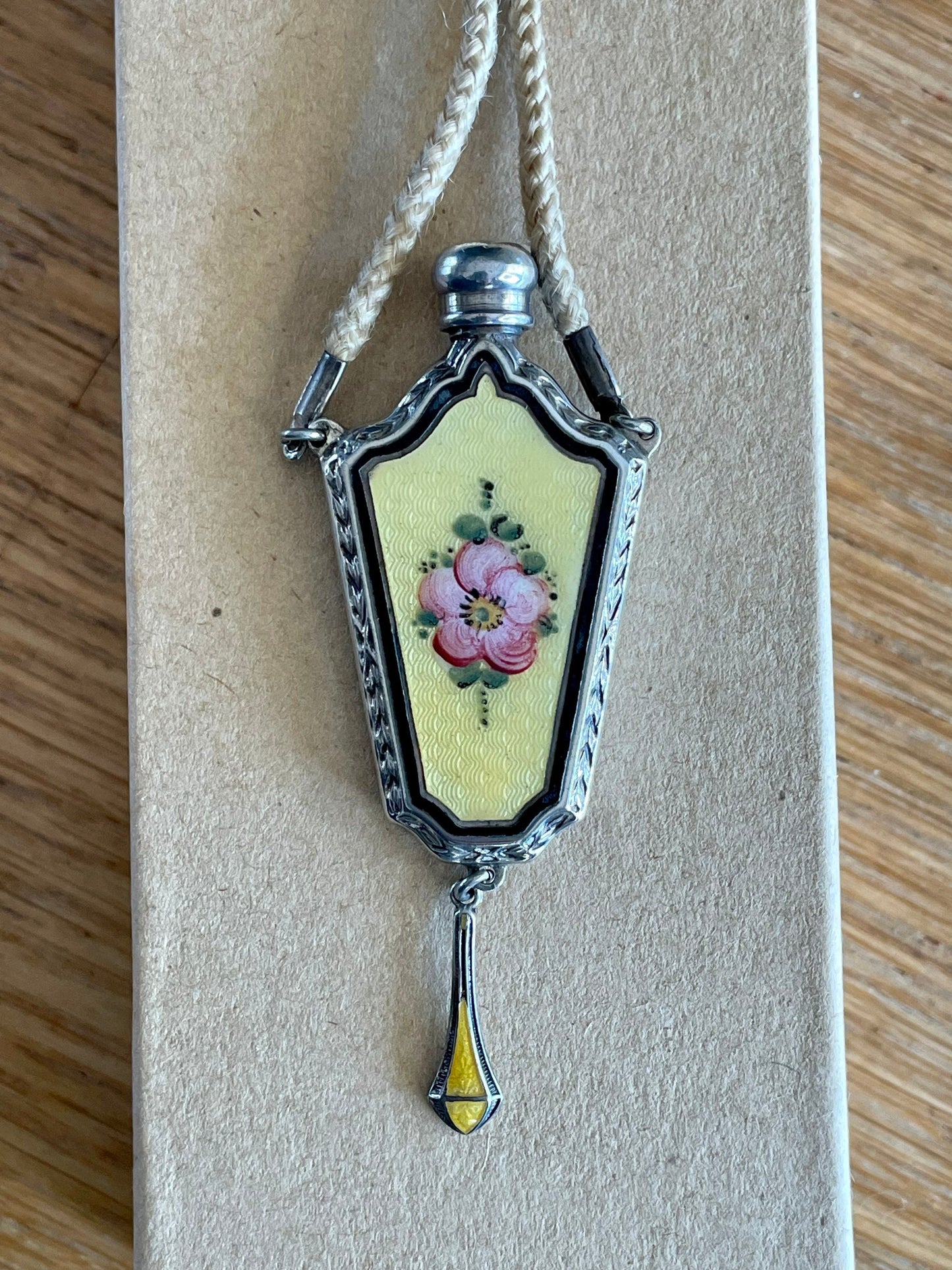 c1920-1930 Sterling Silver Guilloche Perfume Bottle on Original Braided Cord with Slide