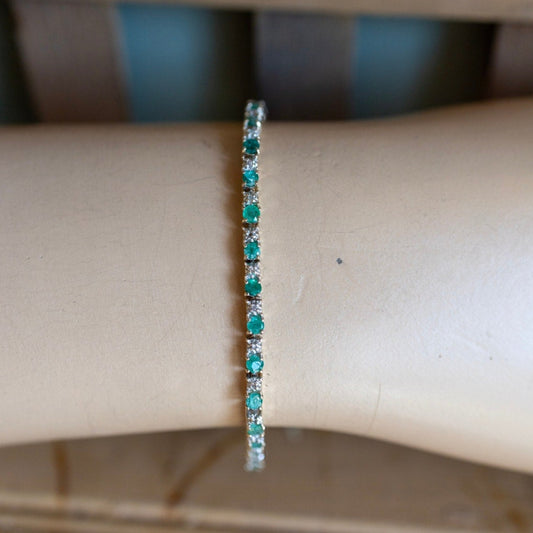 Vintage 14K Yellow Gold Natural Emerald and Diamond Line Bracelet