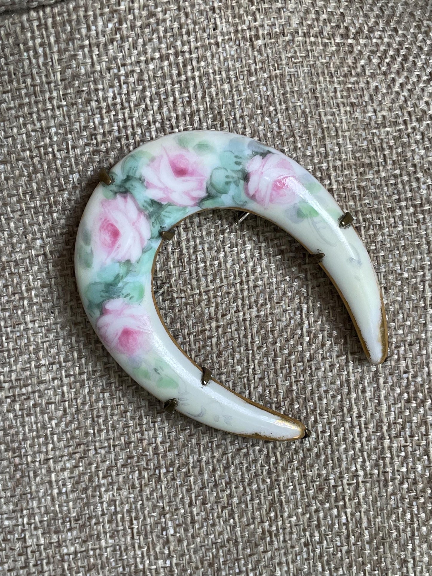 Huge Antique Edwardian Porcelian Hand Painted Flower Lucky Horseshoe Brooch