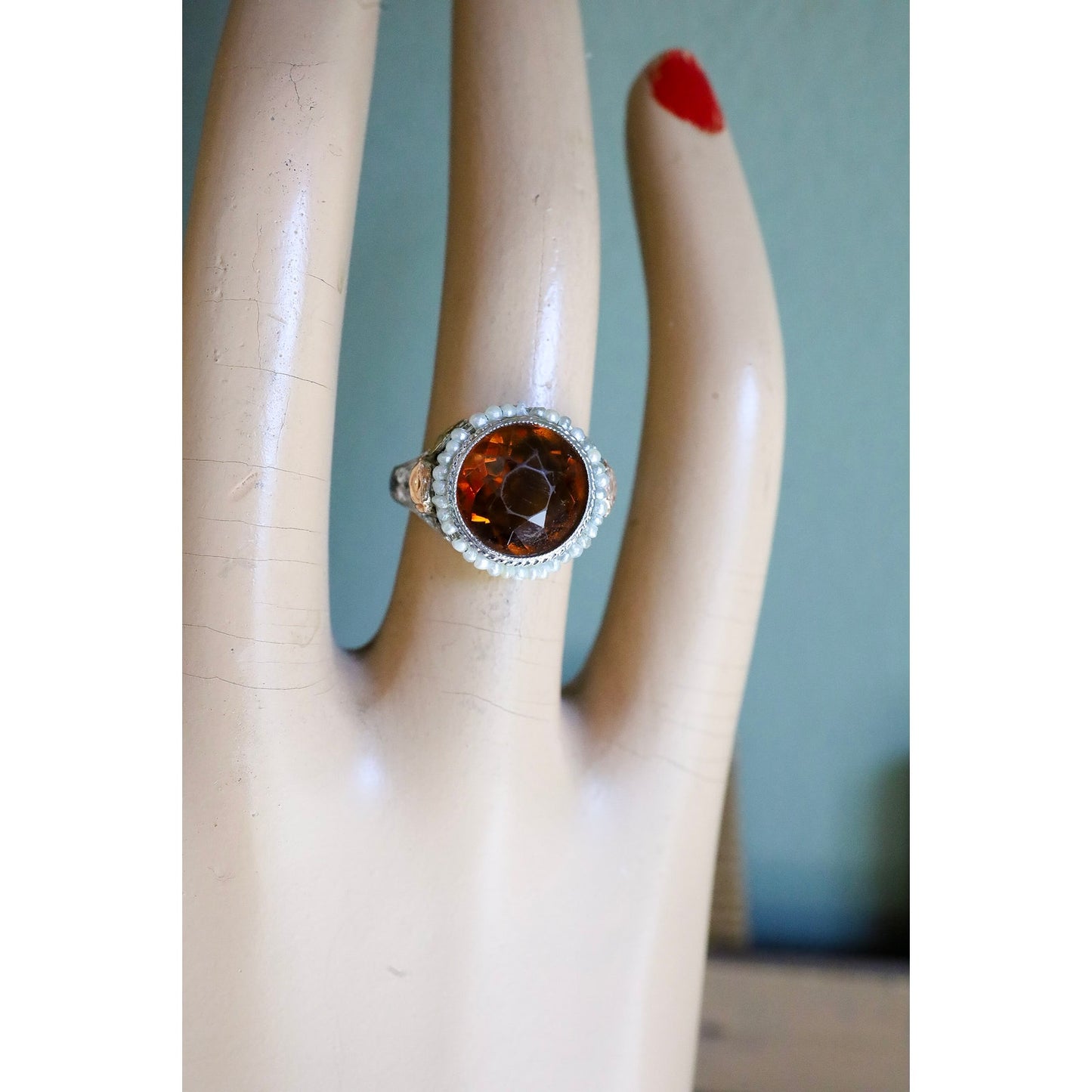 c1930 Art Deco 14K White, Rose, Green Gold Filigree Maderia Citrine and Seed Pearl Ring