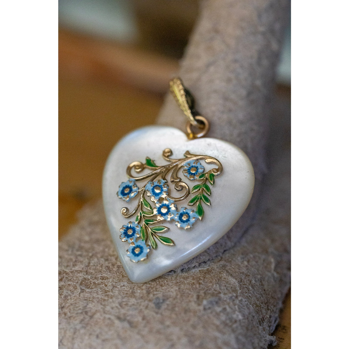 Vintage Mother of Pearl Heart Pendant with Blue Enamel Flowers