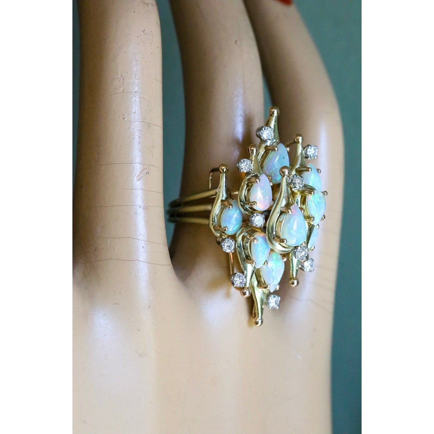 A Fine 1960's Jack Gutschneider 14K Opal and Diamond Cocktail Ring