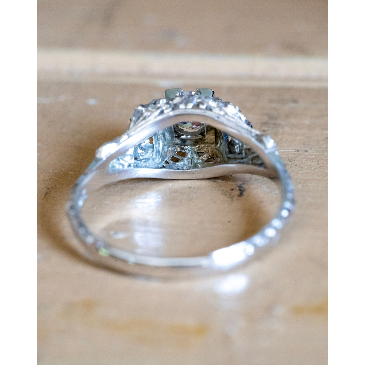 1930-1940 18K White Gold Round Old European Cut Natural Diamond and Synethic Sapphire Authentic Art Deco Ring