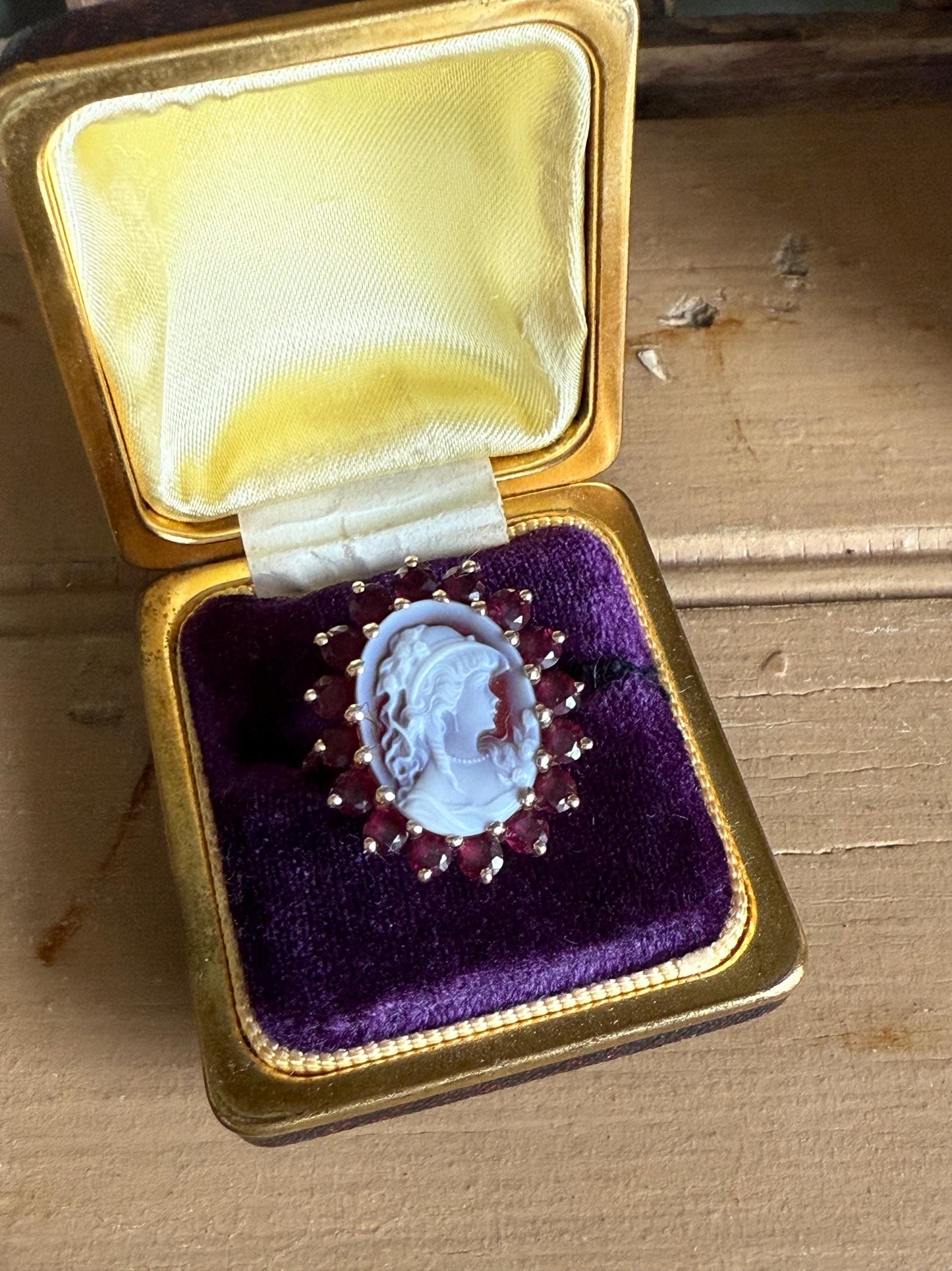 Vintage 14K Yellow Gold Carved Shell Cameo with Pink Tourmaline Halo Ring