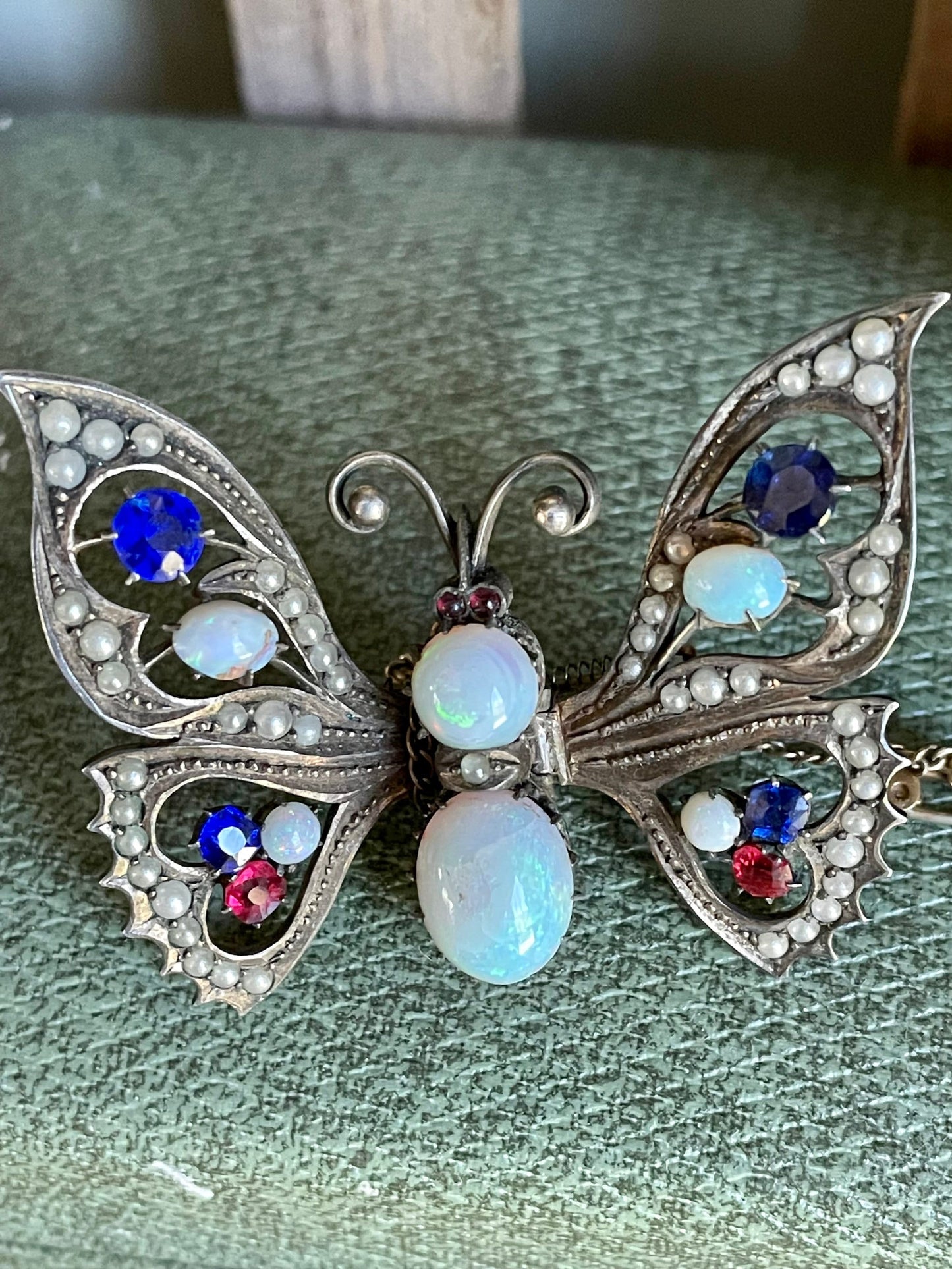 Late Victorian Early 20th Century 8K Opal Hinged Butterfly Brooch