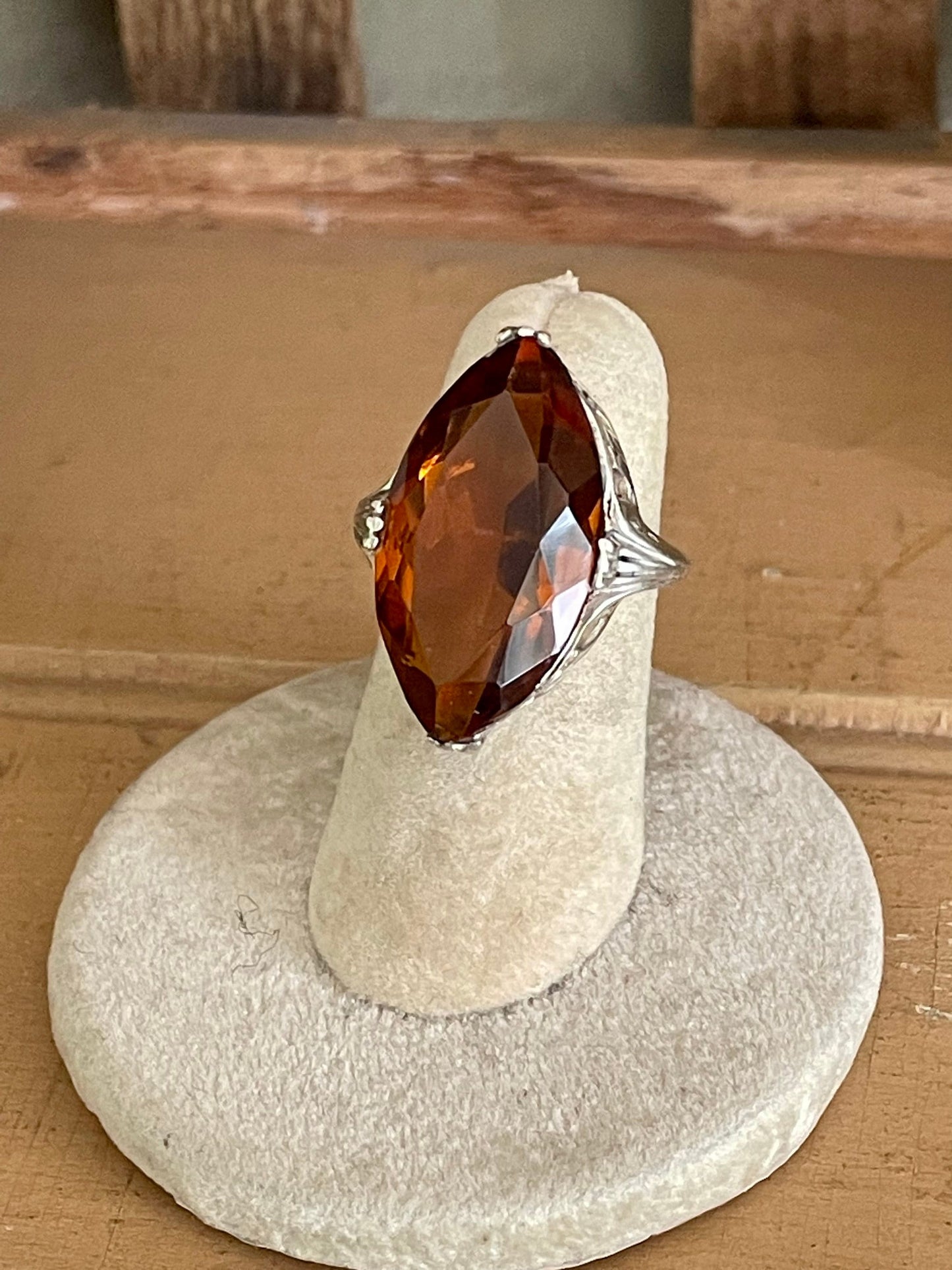 1920-1930 Art Deco Sterling Silver Glass Marquis Citrine Color Glass Ring