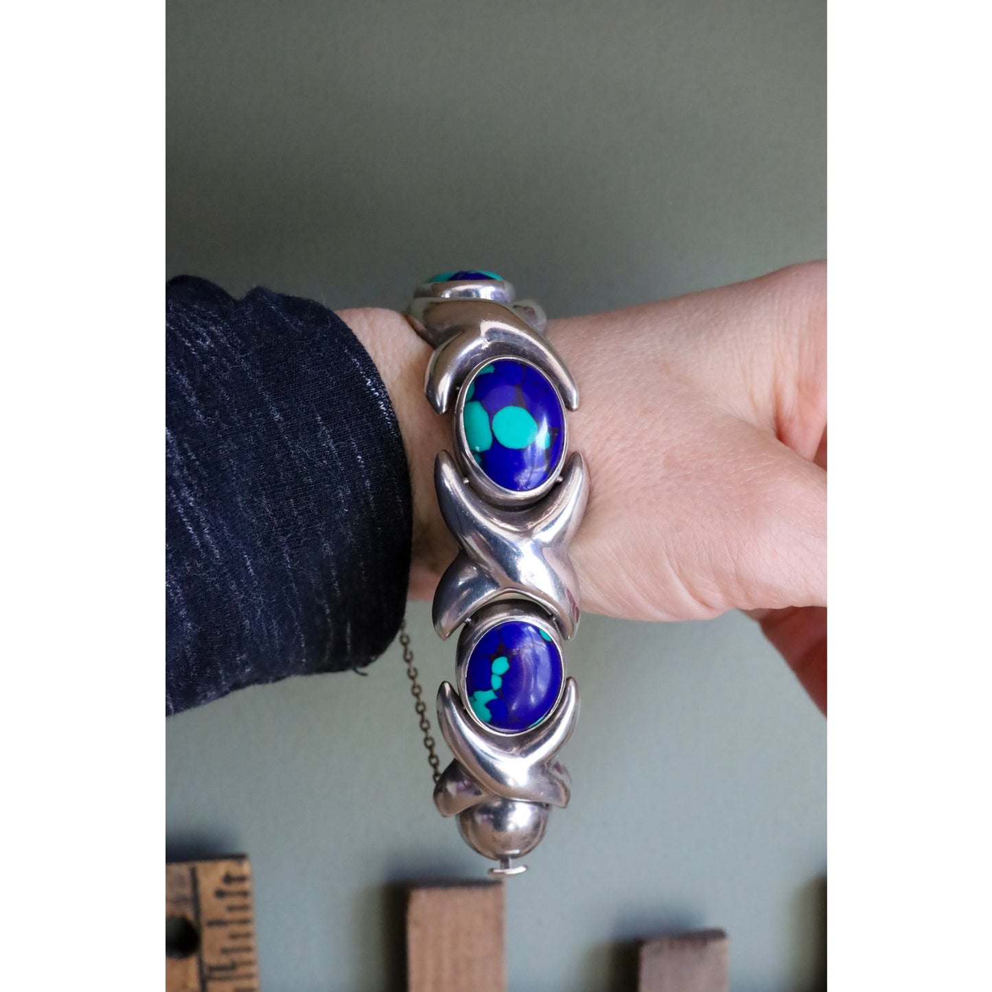 Vintage Sterling Silver Mexican XO Link Bracelet Set with Azurite-Malachite