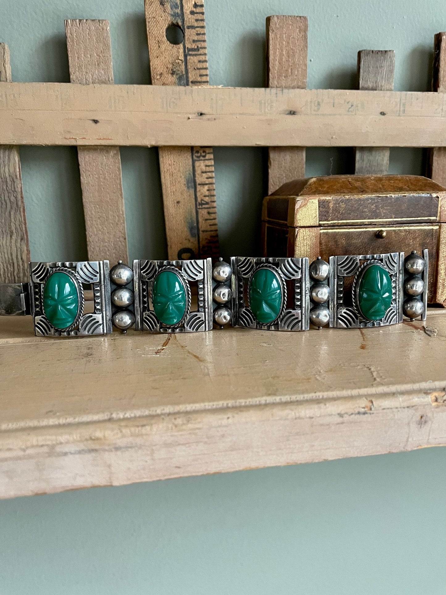 Sterling Silver Mexican Green Onyx Bold Wide Bracelet