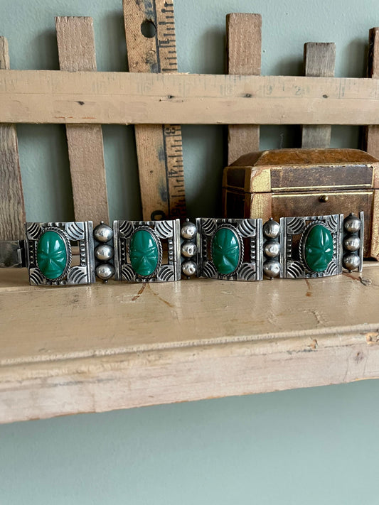 Sterling Silver Mexican Green Onyx Bold Wide Bracelet