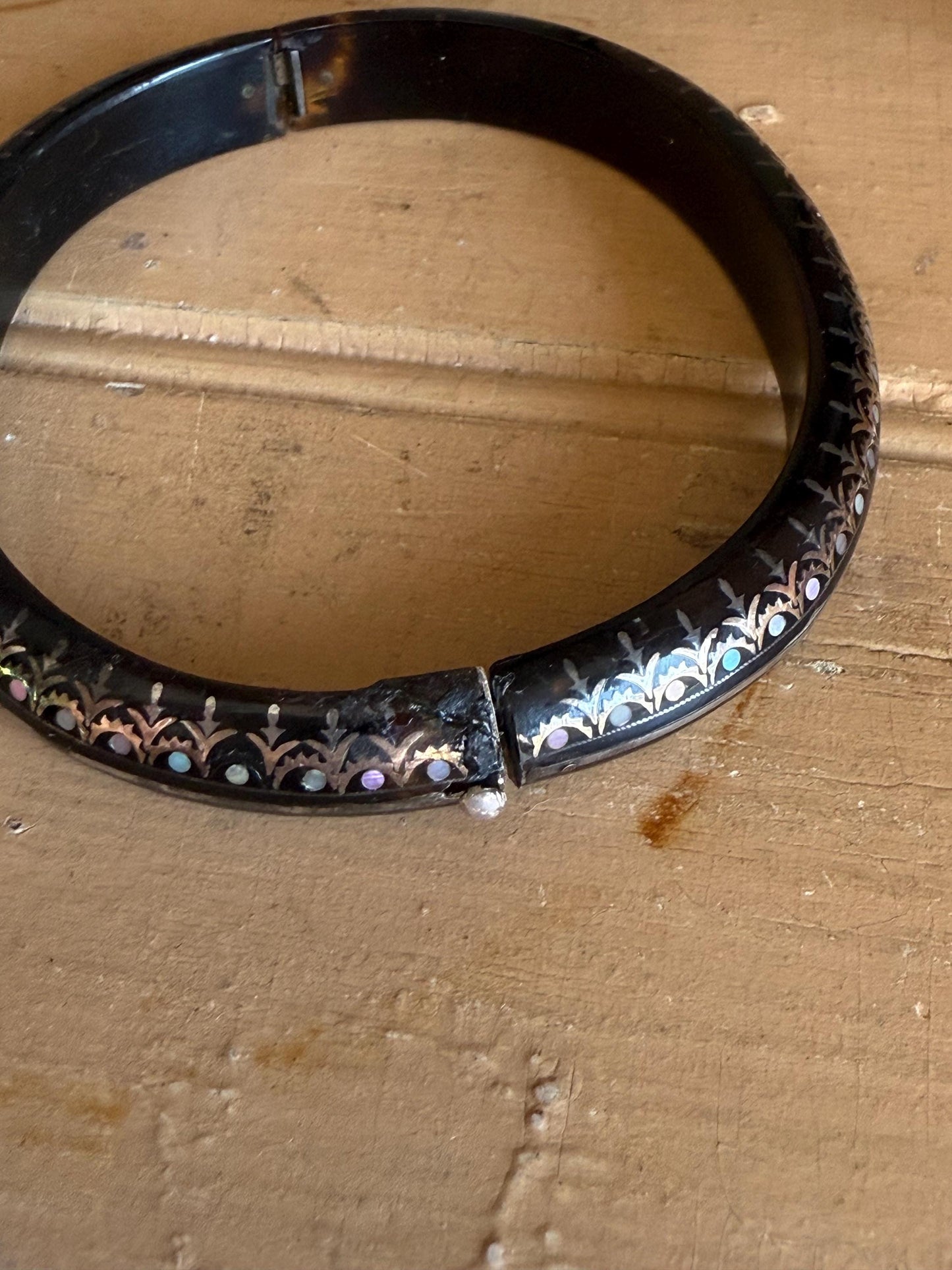 Antique Victorian Silver and Mother of Pearl Pique Inlay Bracelet