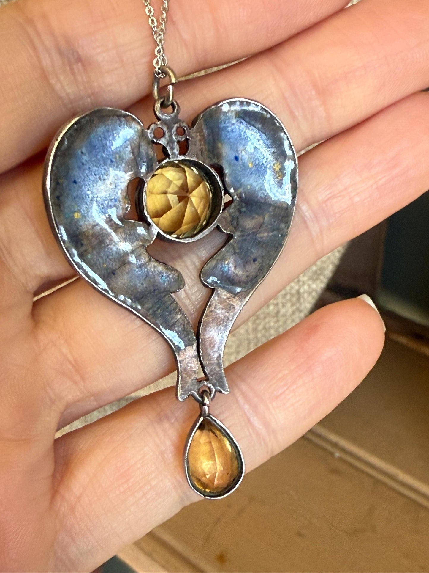 An Antique Arts and Crafts Handmade Silver Enamel Wings Citrine Pendant