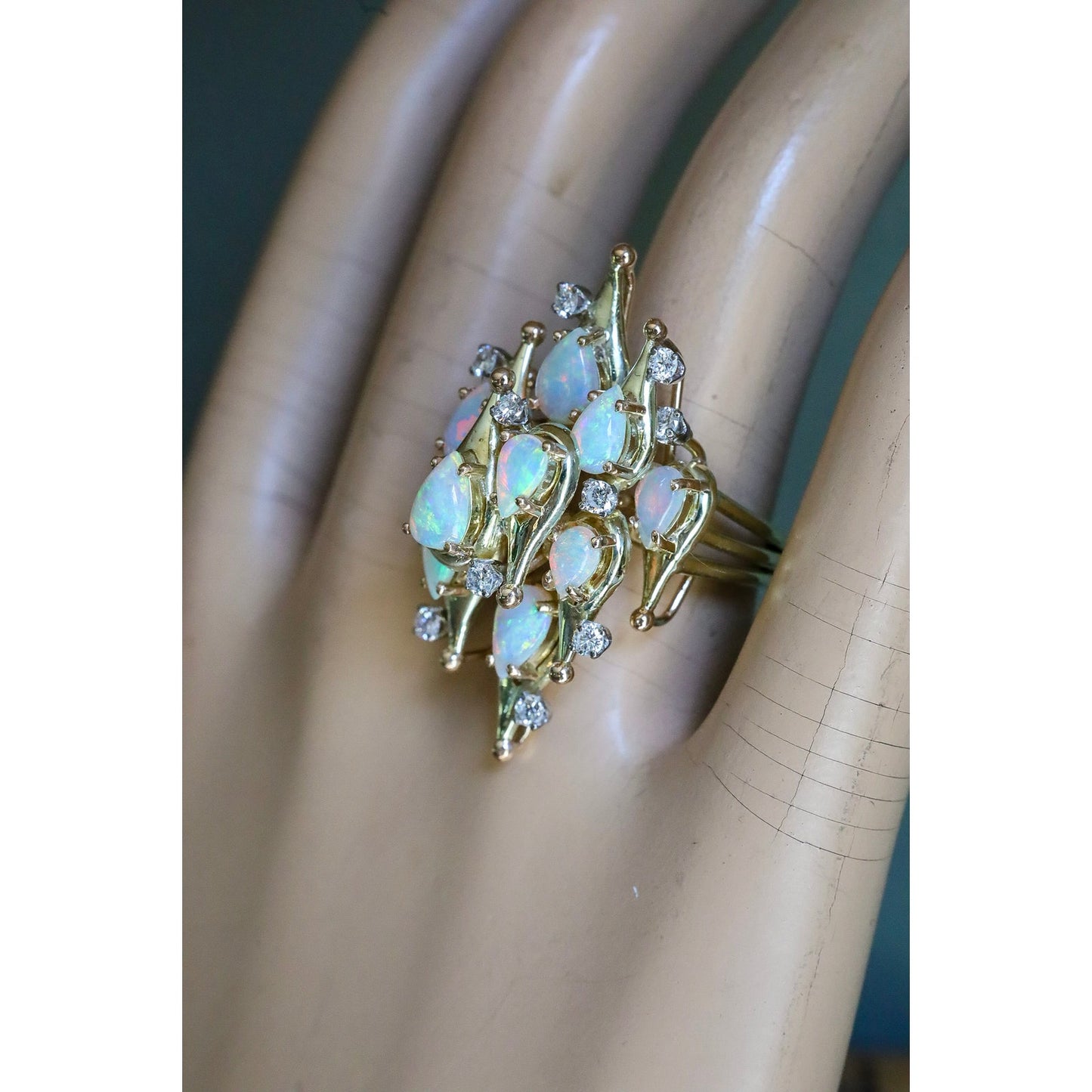 A Fine 1960's Jack Gutschneider 14K Opal and Diamond Cocktail Ring