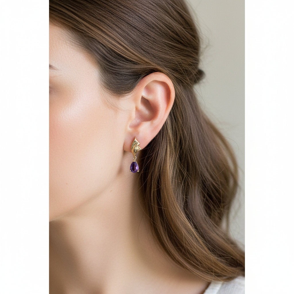 Vintage 10K Yellow Gold Pear Cut Amethyst Dangle Earrings