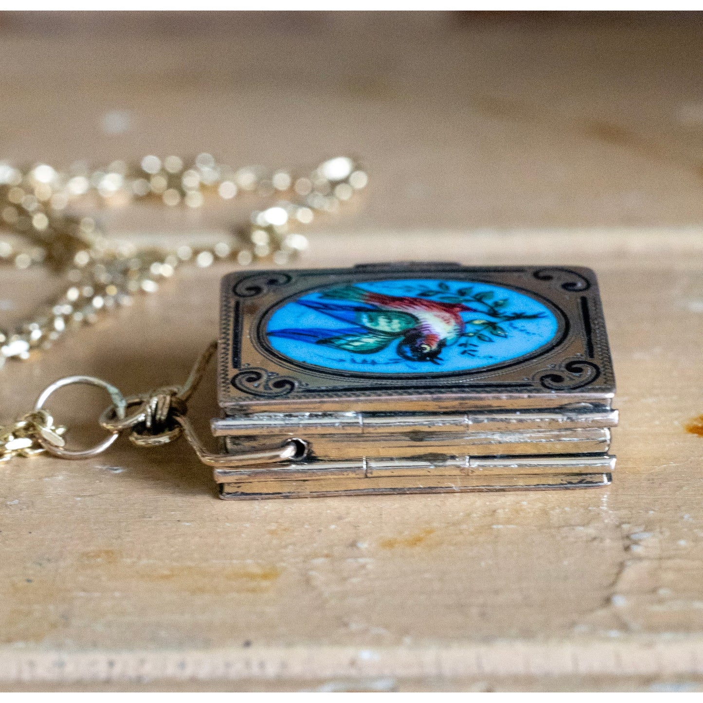 Rare Antique Hand Enameled Bird Book Locket Dating to the Victorian Era