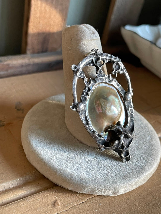 Antique Art Nouveau Arts and Crafts Blister Pearl In Sterling Silver Pendant with Engraving