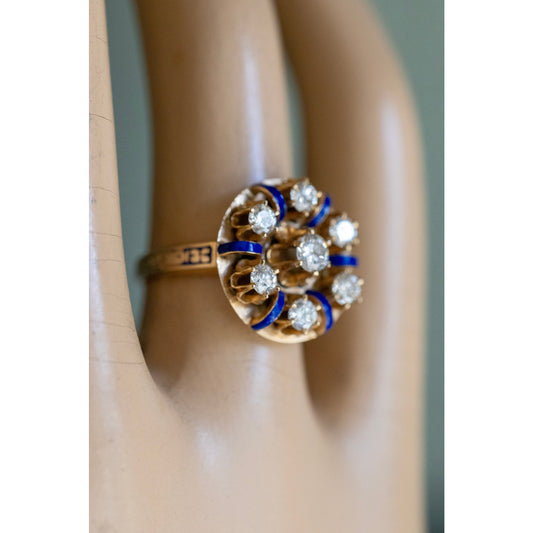 C1960 14k Yellow Gold Victorian Revival Diamond and Enamel Ring