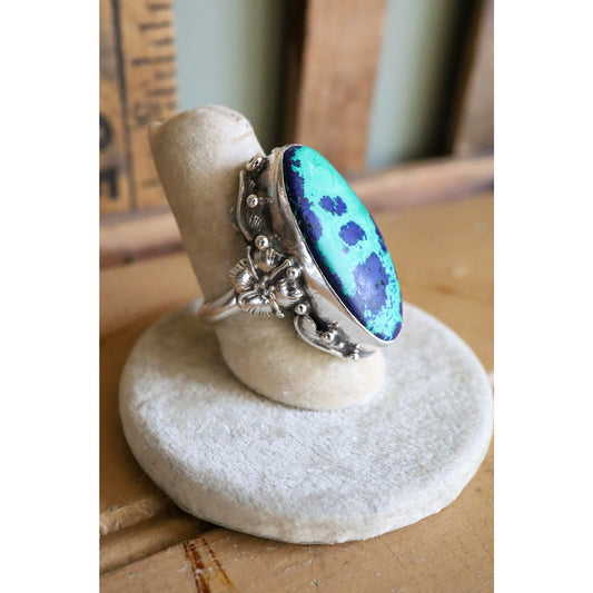 Vintage Sterling Silver Azurite Malachite Statement Ring in an Arts & Crafts Style