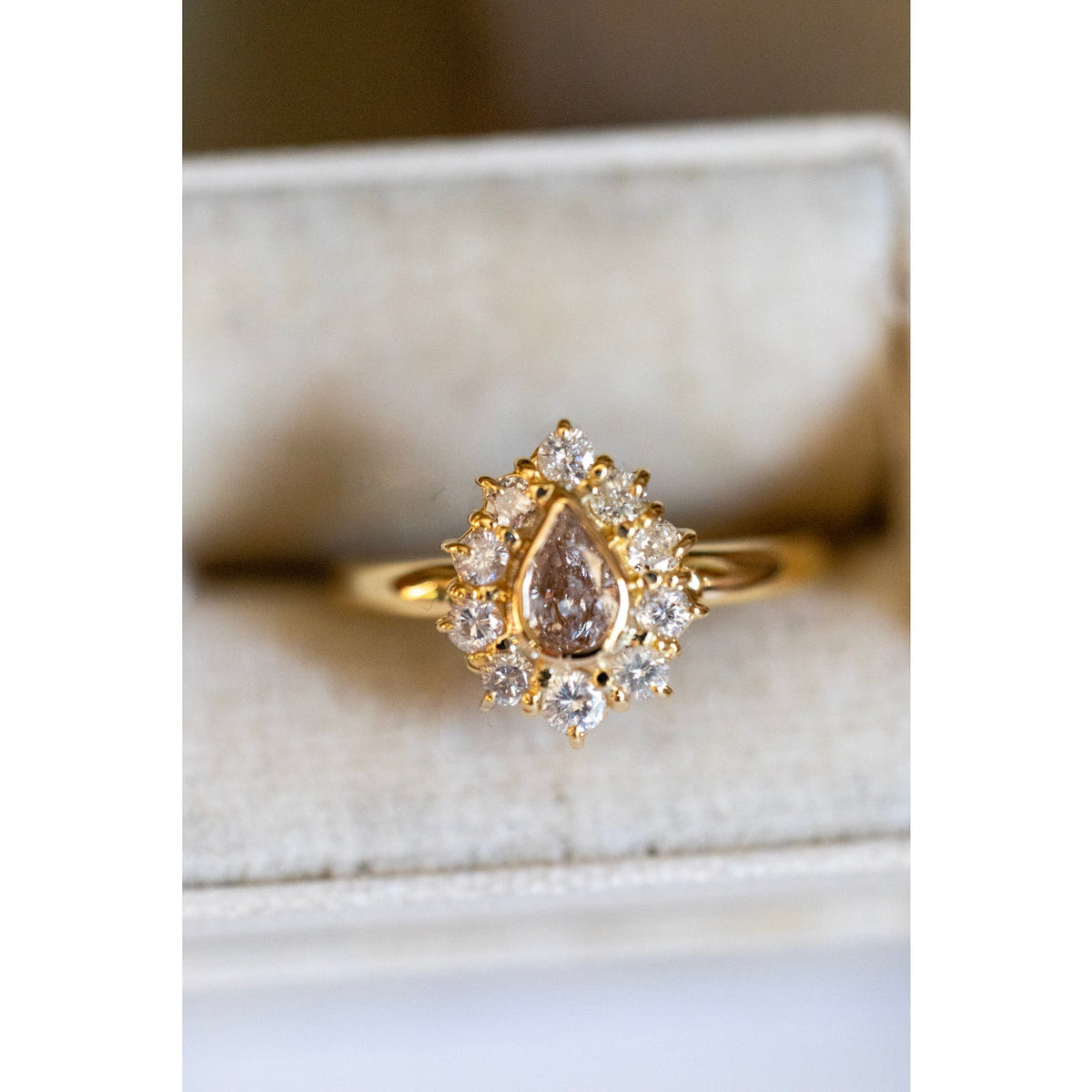 GIA Certified Natural Light Pink-Brown Diamond Ring with Halo in 18K Yellow Gold