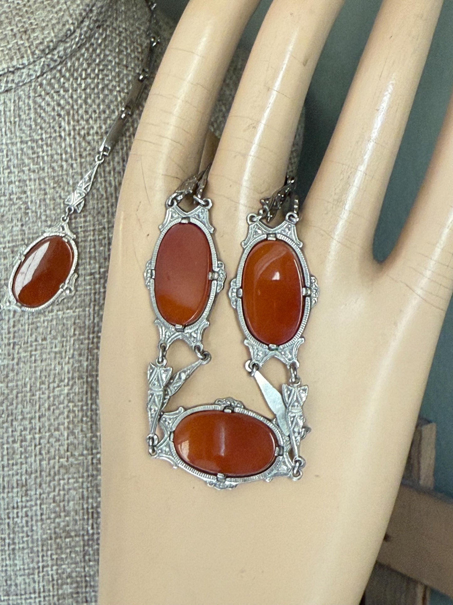 1930 Art Deco German Rhodium Plated Carnelian Glass Necklace Bracelet Set