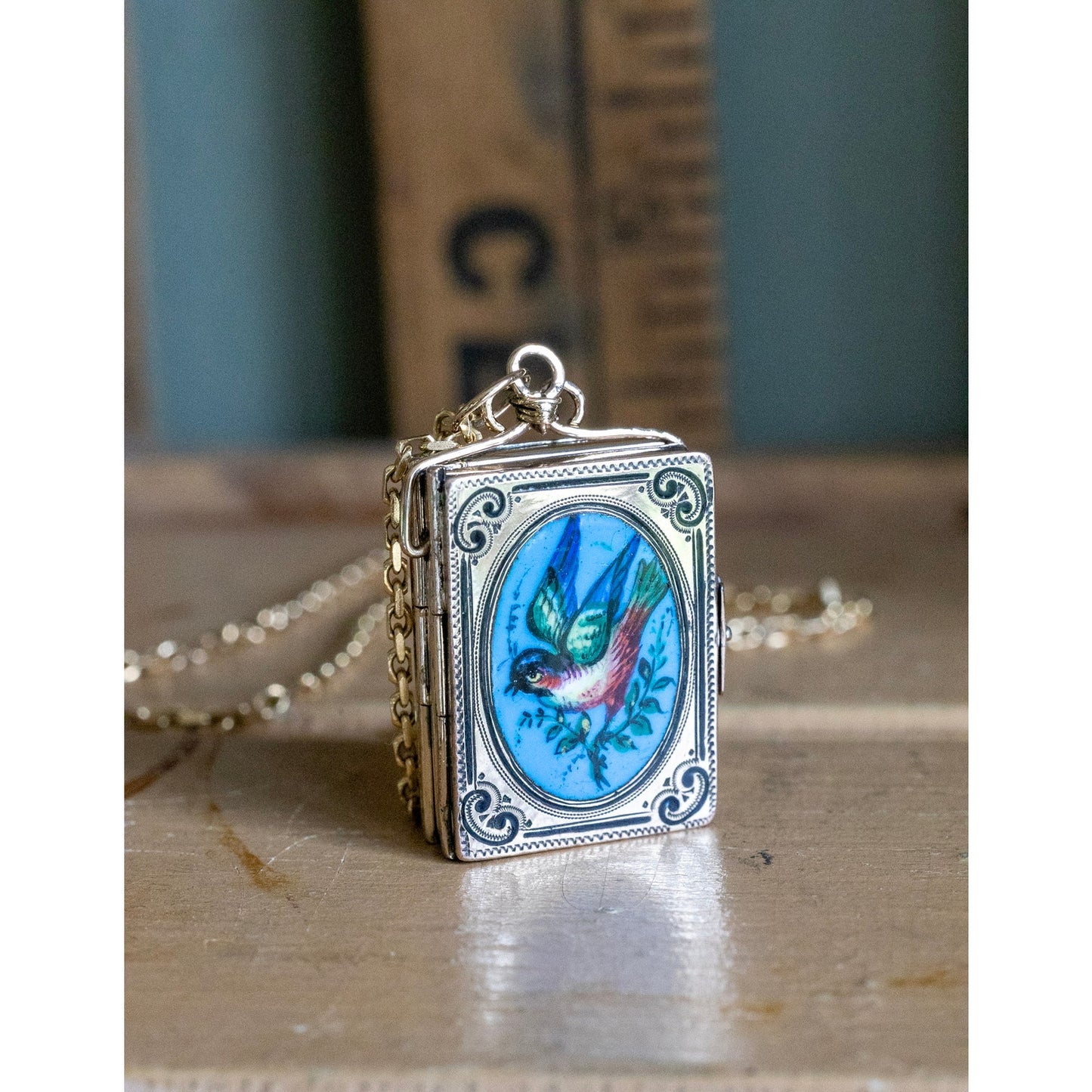 Rare Antique Hand Enameled Bird Book Locket Dating to the Victorian Era