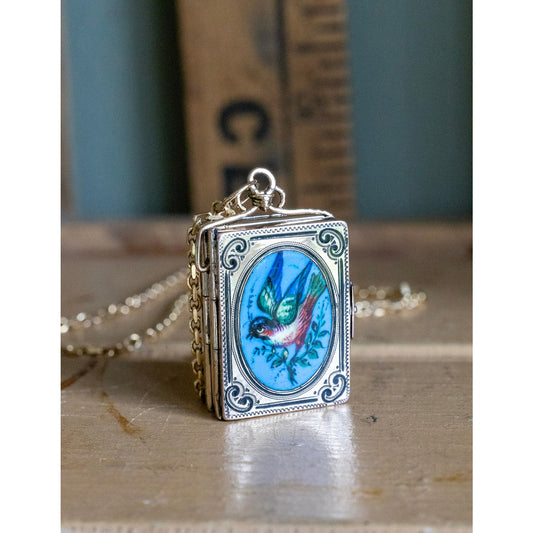 Rare Antique Hand Enameled Bird Book Locket Dating to the Victorian Era