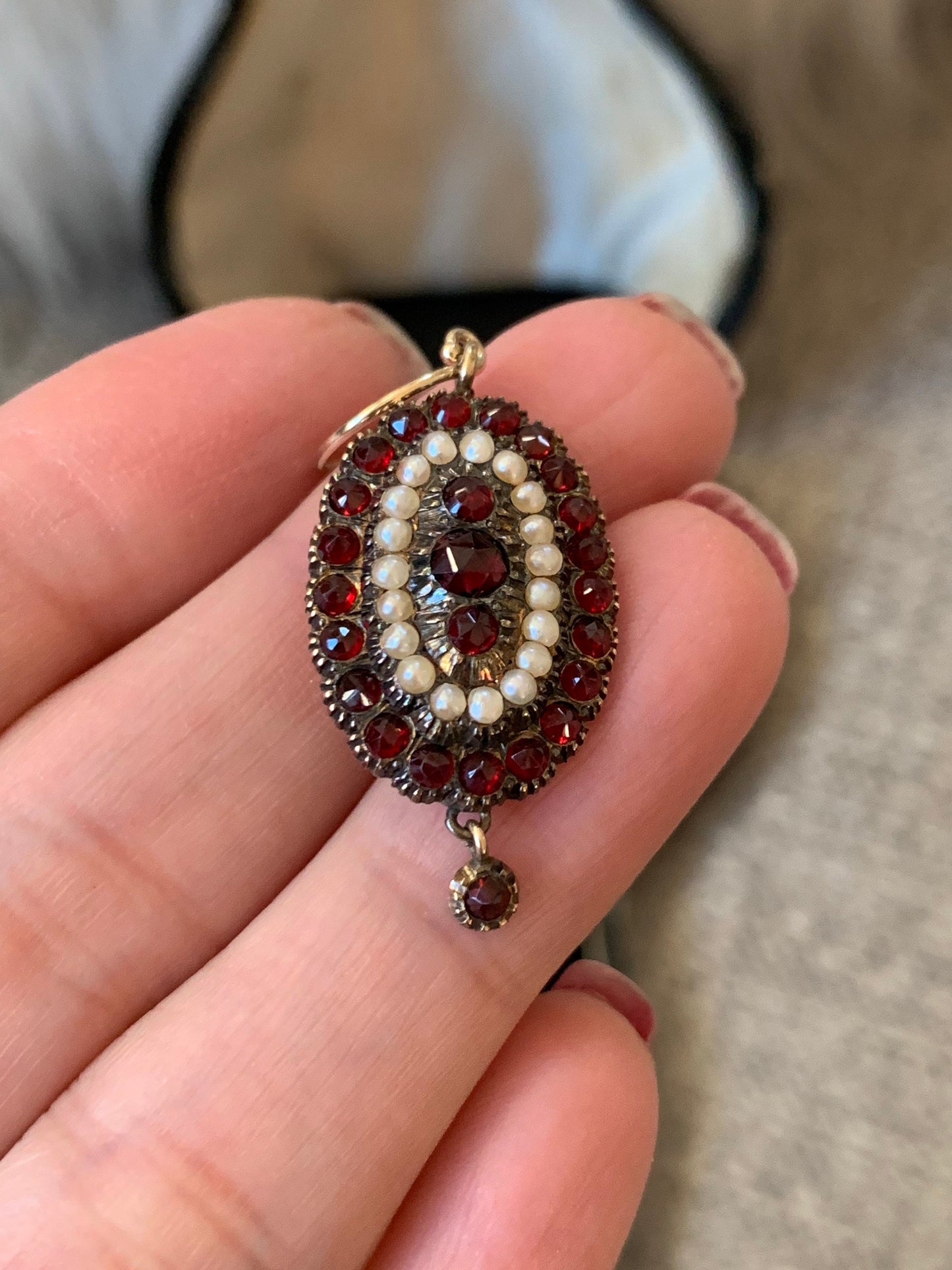 SALE 14K Late Victorian Bohemian Cut Garnet and Pearl Brooch and Matching Earrings